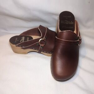 Skandals of Sweden Cognac Leather Wooden Platform Clogs Vintage Sz 37